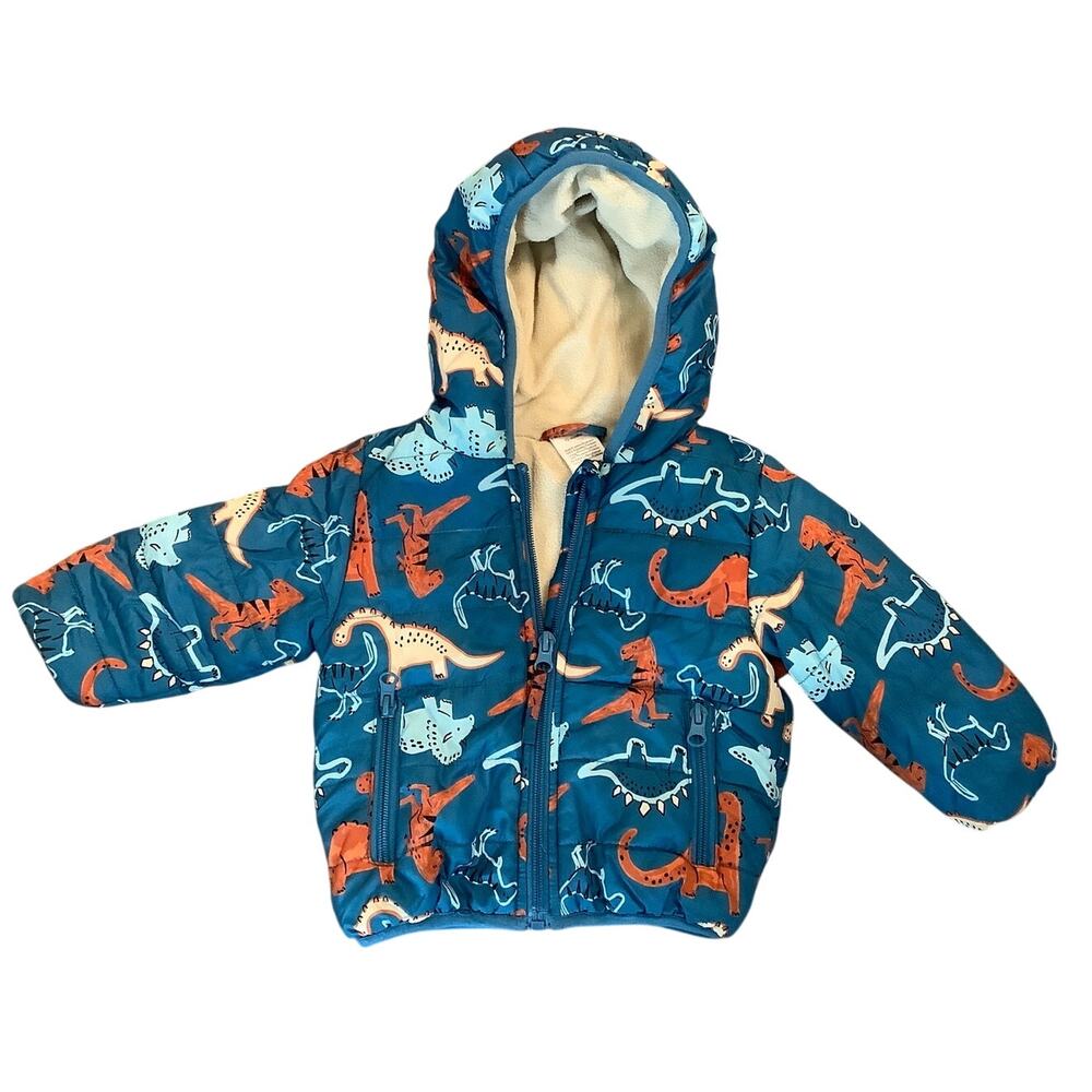 Little Beginnings Baby 12M Teal Dinosaur Sherpa Lined Hooded Puffer Jacket Q8-11